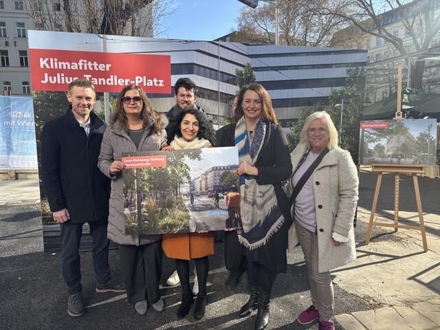 Gemeinsam kündigten Ulli Sima (2. v. l.), Saya Ahmad (Mitte, beide SPÖ) und Selma Arapović (Neos, 2. v. r.) den Start der Umgestaltungsarbeiten an. | Foto: Fabian Franz/MeinBezirk
