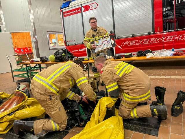 Die Themen umfassten das korrekte Anlegen der Schutzanzüge, praktisches Arbeiten sowie Notdekontamination und Nachbereitung. | Foto: Freiwillige Feuerwehr Stadt Oberndorf