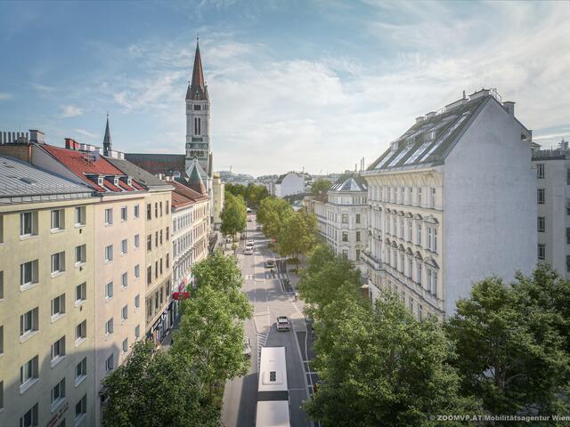 Die Visualisierung zeigt, wie die Landstraßer Hauptstraße im Bereich Herz Jesu Kirche aussehen soll. | Foto: ZOOMVP.AT/Mobilitätsagentur Wien