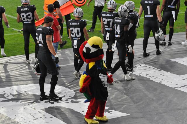 Anfang Juli 2024 trafen die Raiders Tirol im Tivoli Innsbruck auf die Vienna Vikings. Jessey Mensah (Trikotnummer 14) war dabei. | Foto: SKN