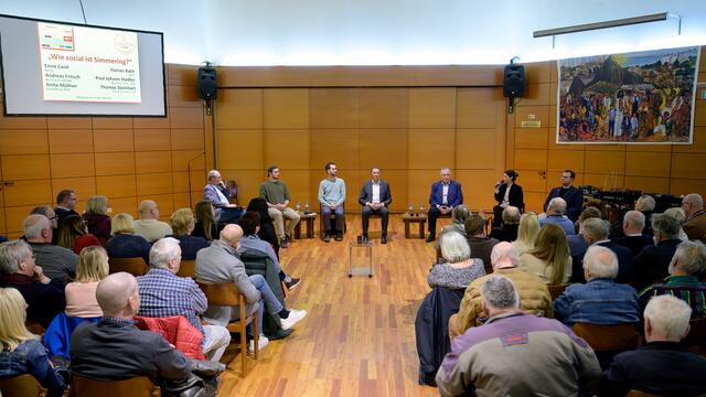 Peter Wesely leitet das Gespräch mit Florian Rath (KPÖ), Andreas Fritsch (GRÜNE), Thomas Steinhart (SPÖ), Paul Stadler (FPÖ), Anita Müllner (ÖVP) und Emre Canli (NEOS) (v.l.). | Foto: Bernhard Wieczorek