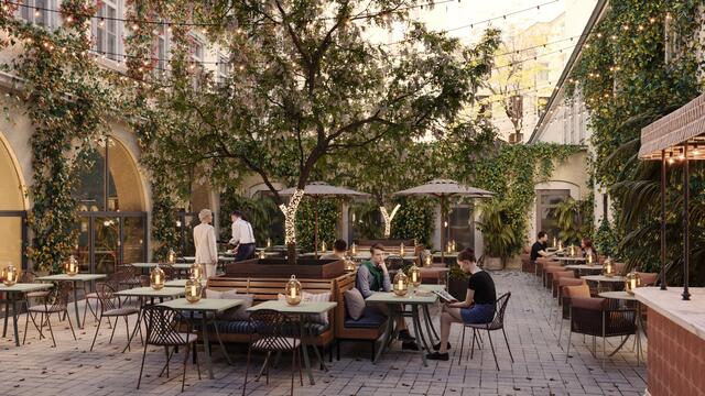 Begrünter Innenhof, großzügige Terrasse und Saunabereich locken Kundinnen und Kunden. | Foto: Radisson Hotel Group