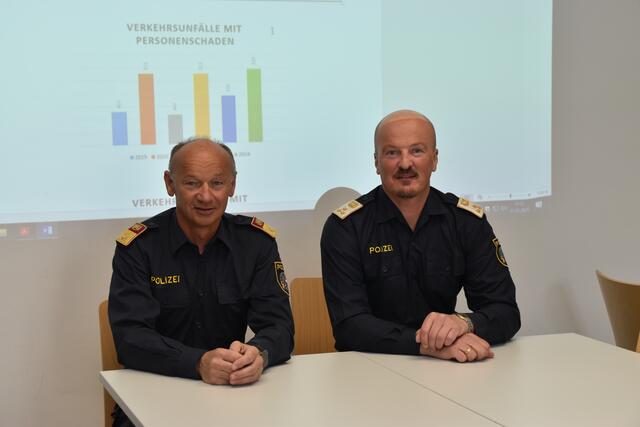 Bezirkspolizeikommandant Karl Kraus und der Leiter des Verkehrs- und Einsatzreferates des Bezirkspolizeikommandos Kufstein (BPK) Johann Egger (v.l.) präsentierten die Verkehrsstatistik für 2024.  | Foto: Barbara Fluckinger