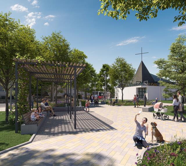 So soll der neue Süßenbrunner Platz aussehen. Derzeit ist hier ein großer Parkplatz. | Foto: JAMJAM – C. Schön GmbH – Kreativagentur für Immobilien