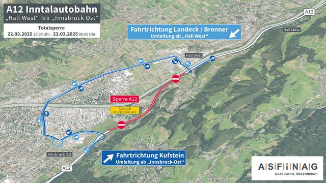 Die geplanten Nachtsperre der Inntalautobahn zwischen Hall-West und Innsbruck-Ost aufgrund der Abbrucharbeiten der dortigen Überführungsbrücke. | Foto:  ASFINAG/EQ-Vis