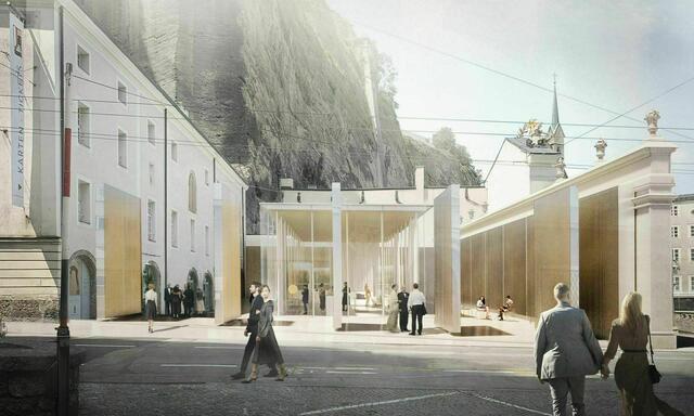 Glaskubus und unterirdischer Saal und offener Herbert von Karajan-Platz. Rendering zum Entwurf des Architekturbüros Marte.Marte. Die Tore werden künftig Tagsüber offen stehen. | Foto: Architekturbüro Marte.Marte
