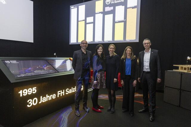 Ausstellungskurator Thomas Hitthaler (v.l.,), Studentin Evelyn Schnöll vom Drehteam, Karin Motzko und Veronika Engstfeld (Hochschulkommunikation &amp; Marketing) und FH-Rektor Dominik Engel. | Foto: FHS wildbild