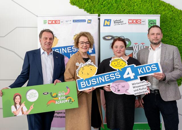  WKNÖ-Präsident Wolfgang Ecker, Familien-Landesrätin Christiane Teschl-Hofmeister, Schauspielerin und Workshopreferentin Veronika Polly und Stefan Steinberger von der Firma Ardex Baustoff GmbH, die im Rahmen der Ferienwoche „Business4Kids“ ebenfalls einen Workshop gestalten wird. | Foto: NLK Filzwieser