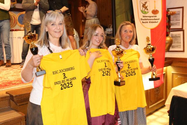 Damen Einzel Bezirksmeisterschaft wird zum ersten Dreifachsieg der Einzel Meisterschaftsgeschichte.
3. Marianne Luxner 1. Natalie Aberger, 2. Christl Krimbacher alle ESC Jochberg.