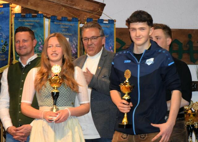 Nahaufnahme der u 18 Drittplatzierten Lea Kogler und Martin Leo, mit den Offiziellen.