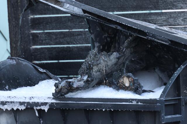 Brennender Altpapiercontainer in Wels-Lichtenegg: Durch das Einschreiten der Feuerwehr konnte ein Übergreifen der Flammen auf die Fassade verhindern.