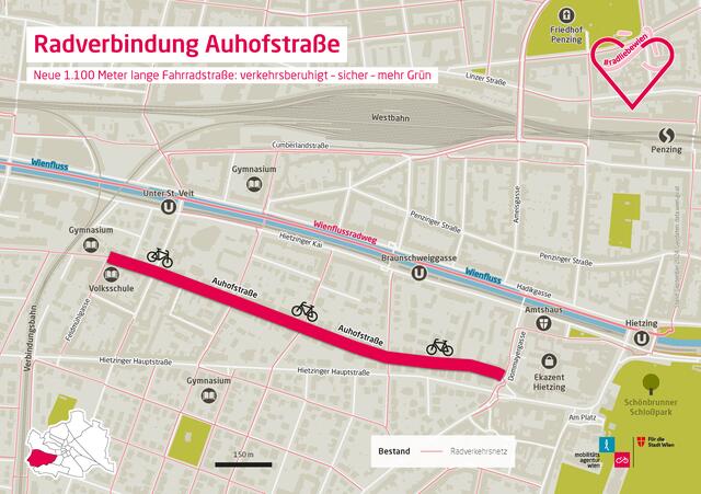 Auf dieser Strecke in der Auhofstraße wird die Fahrradstraße errichtet. | Foto: Mobilitätsagentur Wien