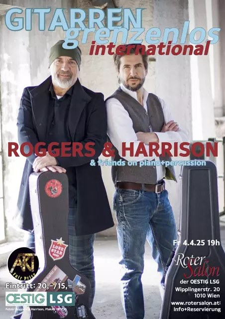 Verbinden Strömungen aus aller Welt zu einem harmonischen Ganzen: die Gitarristen ROGGERS &amp; HARRISON;  | Foto: Foto: Roggers &amp; Harrison, Robert Kainar; Plakat: OESTIG
