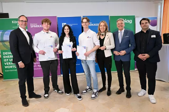 IV-Präsident Timo Springer, Sebastian Samitz, Ajla Midzan, Fabian Jungwirt, Claudia Mischensky (GF IV-Kärnten), Landeshauptmann Peter Kaiser