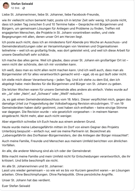 In einem Facebook-Posting schrieb Bürgermeister Stean Seiwald, dass seine Lebensgefährtin im Ort bespuckt wurde. | Foto: MeinBezirk (Screenshot)