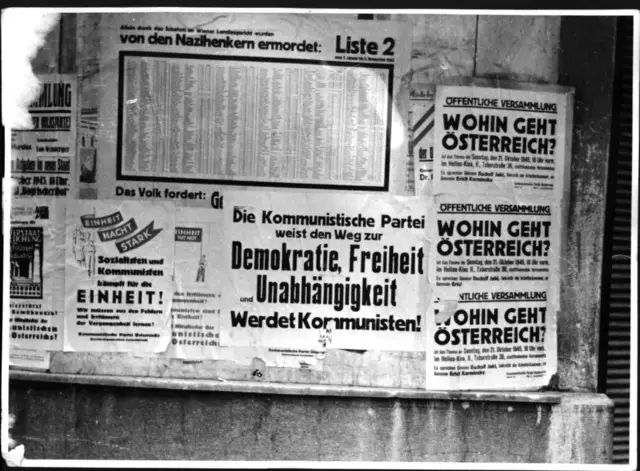 Wahlplakate für die ersten Wahlen nach dem Zweiten Weltkrieg. | Foto: Blaha, Franz / ÖNB-Bildarchiv / picturedesk.com
