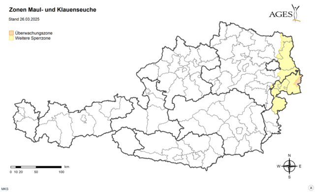 Eingerichtete Sperrzone in Österreich. Die Bezirke Mistelbach, Gänserndorf und Bruck an der Leitha in Niederösterreich sind betroffen. | Foto: screenshot MeinBezirk/www.verbrauchergesundheit.gv.at