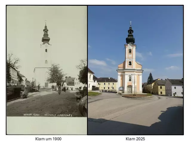 Damals und Heute: Die Kirchenlinde um 1900 und das neu gepflanzte Exemplar im März 2025. | Foto: AKON/Österreichische Nationalbibliothek bzw. Hildegard Fraundorfer