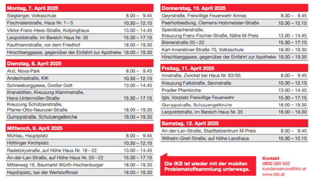 Die genauen Termine für die Problemstoffentsorgung in Innsbruck. | Foto: Screenshot: IKB