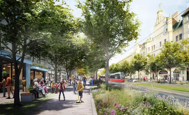 Stadtauswärts ermögliche eine Umgestaltung der Hernalser Hauptstraße grüne Bahngleise, 1.000 Bäume mehr und breitere Gehsteige, heißt es. | Foto: bauchplan