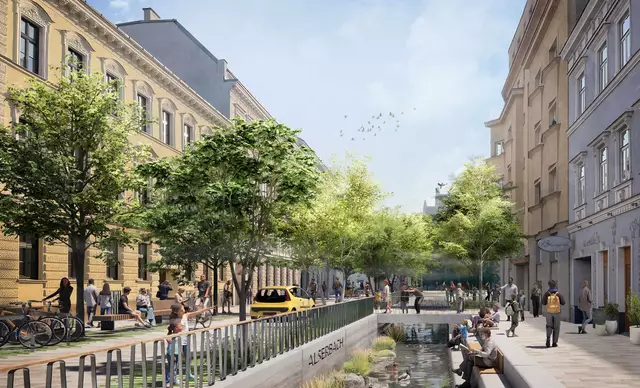 In der Rötzergasse soll es laut der Studie möglich sein, dass der Alsbach wieder ans Tageslicht geholt wird. Dadurch könnte in dem Abschnitt bis zum Elterleinplatz eine grünere Promenade entstehen. | Foto: bauchplan