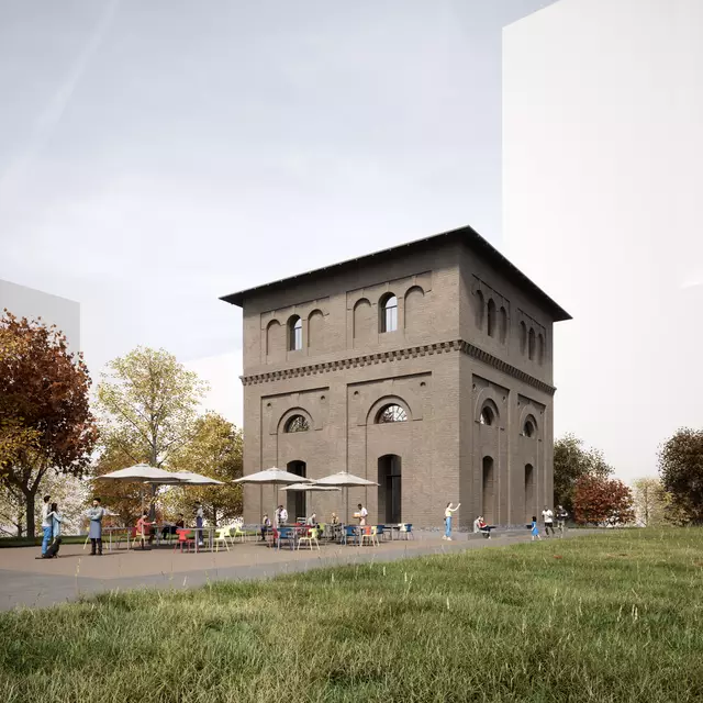 Der Wasserturm am Nordbahnhofareal wird ein Café. Und so soll es aussehen. | Foto: ÖBB/Riepl Kaufmann Bammer Architektur