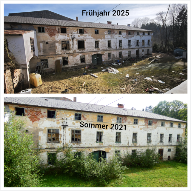 Der Innenhof ist inzwischen eine reine Müllablage geworden. Auch ist ein Großteil der Fenster beschädigt oder fehlen komplett.  | Foto: Julia Winkler