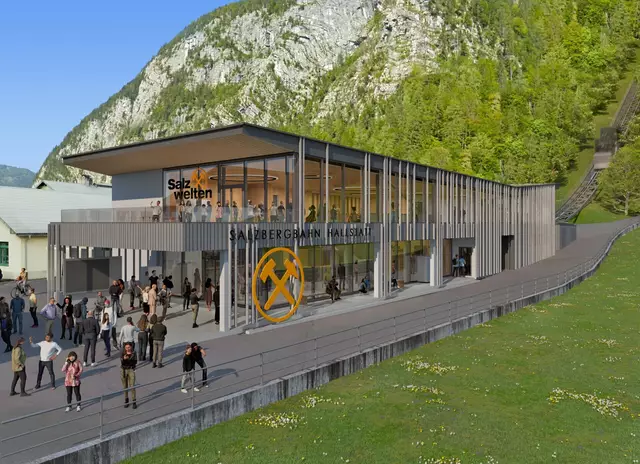 Visualisierung der neuen Talstation Salzwelten Hallstatt mit Holz- und Glasfront. | Foto: Hasenauer.ARCHITEKTEN