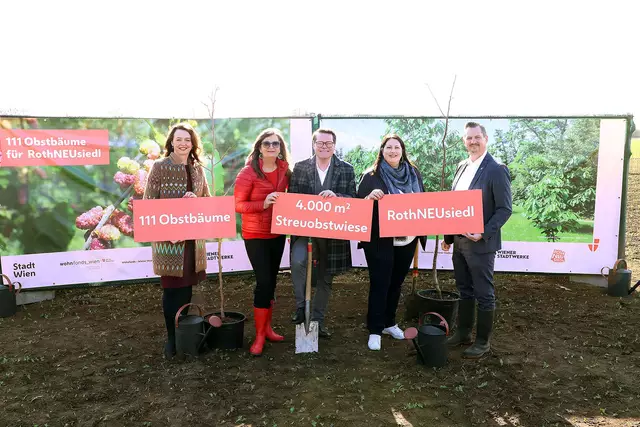 v. l.: Neos-Klubobfrau Arapović, Planungsstadträtin Sima, Klimastadtrat Czernohorszky, Wohnbaustadträtin Gaál und Favoriten-Bezirksvorsteher Franz (alle SPÖ) setzten selbst die ersten Bäume in Rothneusiedl.  | Foto: Stadt Wien/Martin Votava