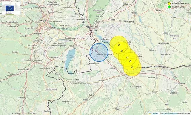 Schutz- und Überwachungszonen nach den MKS-Ausbrüchen in Ungarn und der Slowakei. | Foto: OpenStreetMap