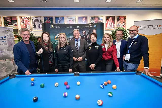 PK „WPA Billard World Championships“. Bild zeigt v.li.: Landessportdirektor Arno Arthofer, Wei Tzu-Chien, Jasmin Ouschan, LH Peter Kaiser, Chen Siming, Anna Riegler, StR Franz Petritz und Gerald Florian | Foto: LPD Kärnten/Bauer