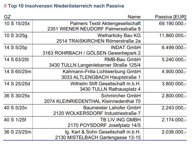 Die Palmers Textilhandels AG führt das Ranking der größten Insolvenzen in Niederösterreich nach Passiva im ersten Quartal 2025 an. | Foto: Alpenländischer Kreditorenverband