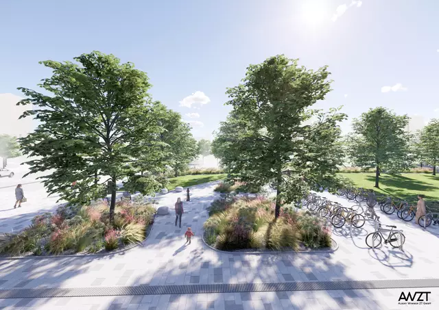 Der Eingang bei der Gerhard-Bronner-Straße bekommt ebenerdige Pflanzungen und mehr Radbügel. | Foto: Albert Wimmer ZT GmbH