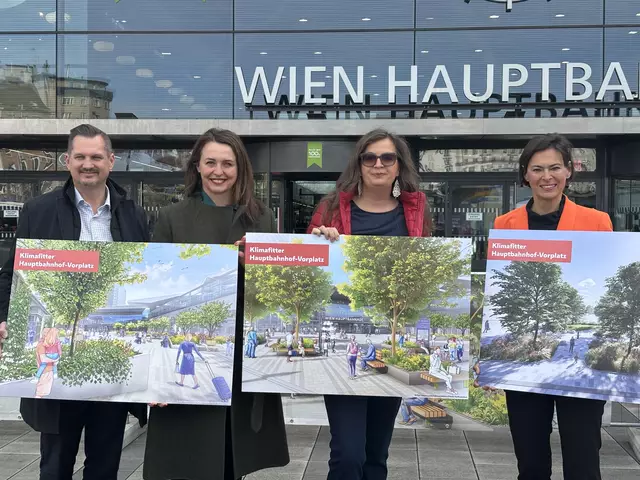 v. l.: Bezirksvorsteher Marcus Franz (SPÖ), Neos-Klubchefin Selma Arapović, Stadträtin Ulli Sima (SPÖ) und ÖBB-Infrastruktur-Vorständin Silvia Angelo bei der Ankündigung der Sanierungspläne. | Foto: Michael Marbacher/MeinBezirk