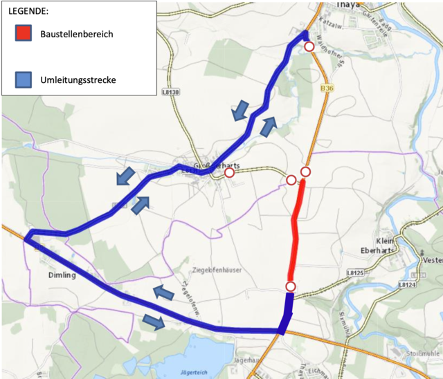 Umleitung B36 Großgerharts Süd: für LKW und PKW,
Umleitung über B36, B5, L8131, B36 und gegengleich. | Foto: Straßenmeisterei Waidhofen/Thaya