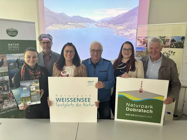 Robert Heuberger (Naturparke Kärnten), Andrea Gruber (Verband der Naturparke Österreichs), Landesrätin Sara Schaar, Franz Schier (Naturpark Weißensee), Vizebürgermeisterin Sarah Katholnig, Oskar Tscherpel (Vorsitzender Naturpark Rat) freuen sich auf viele Gäste in den Naturparks Weißensee und Dobratsch. | Foto: MeinBezirk.at