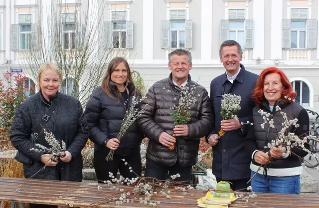 Peter Allmaier, Martina Derhaschnig, Christian Scheider und die Mitarbeiterinnen der Dompfarre beim Palmbuschenbinden am Neuen Platz.
 | Foto: SK / Glinik