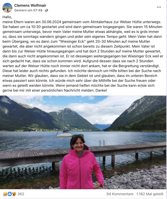 Der Sohn der vermissten Bergsteigerin bittet um Mithilfe bei der Suche. | Foto: Facebook