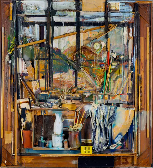 Dieter Roth
Interieur mit Rückblick, 1988-1990
145 × 135 × 18 cm, Leim, Ölfarbe, Acrylfarbe, Wasserfarbe auf Mal- und Haushaltsutensilien, diverse Materialien (Holz, Glas, Metall)
ALBERTINA, Wien – The ESSL Collection
 | Foto: © Dieter Roth Estate, Courtesy Hauser &amp; Wirth, Foto: ALBERTINA, Wien
