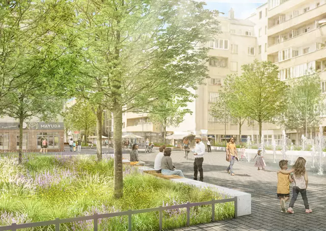 So soll der Platz der Kulturen in Favoriten nach dem Umbau aussehen. | Foto: Visualisierung/Yewo Landscapes und VisoPlan3D