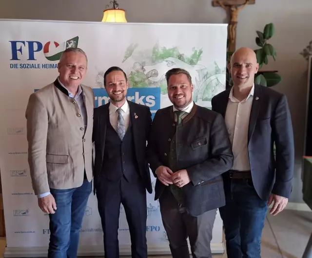 LH Mario Kunasek, LAbg. und Bezirksparteiobmann Alexander Putzenbacher, FPÖ-Klubobmann LAbg. Marco Triller und Landesgeschäftsführer Fritz Scheer. | Foto: FPÖ Steiermark