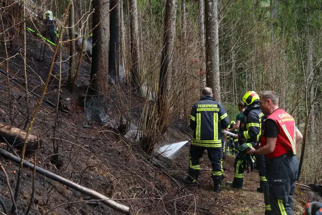 Ein größeres Aufgebot von fünf umliegenden Feuerwehren konnte den Brand noch rechtzeitig eindämmen, um ein großes Waldbrandereignis zu verhindern. | Foto: laumat.at/Matthias Lauber