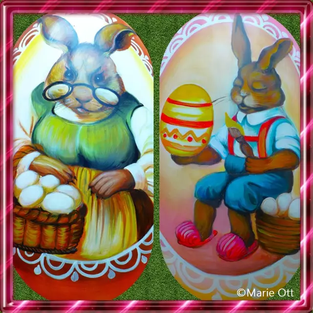 Osterhase bemalt die Eier, Frau Osterhase hilft