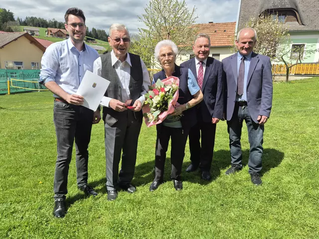 Das Ehepaar Piribauer im Kreis der Gratulanten. | Foto: Gemeinde Zöbern