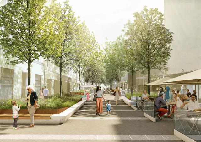 Diesen Blick soll man in Zukunft auf die Favoritenstraße haben. Das Wasserbecken ist hinten auf der linken Seite zu sehen. | Foto: YEWO LANDSCAPES und VisuPlan3D