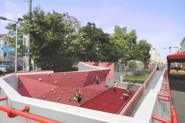 So soll die Boulderwand bei der Unterführung zur U1-Station Keplerplatz aussehen. | Foto: Visualisierung: Architekturbüro Strauss