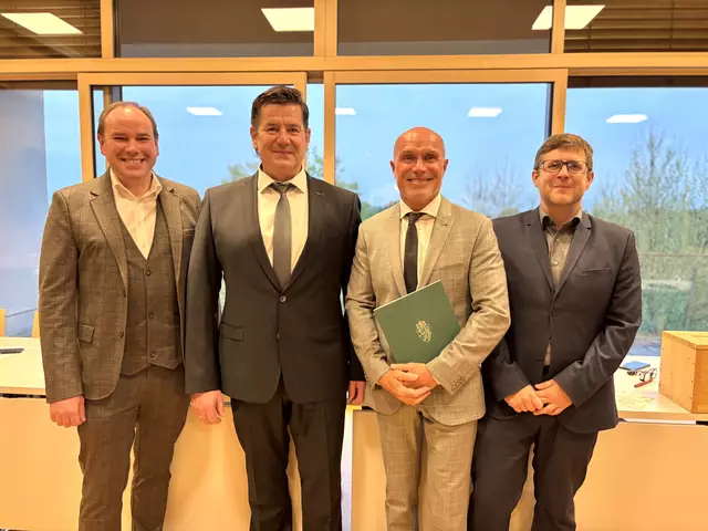 Der neue Vorstand in der Marktgemeinde Preding: Kassier Elmar Steiner, Bürgermeister Andreas Stangl, BH-Stv. Franz Krieger und Vize-Bürgermeister Bernhard Langmann (v.l.) | Foto: Susanne Veronik