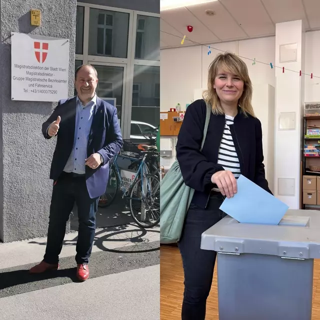 Die Bezirkschefs Alexander Nikolai (Leopoldstadt) und Stefanie Lamp (Ottakring) bei der Stimmabgabe. | Foto: BV2/BV16