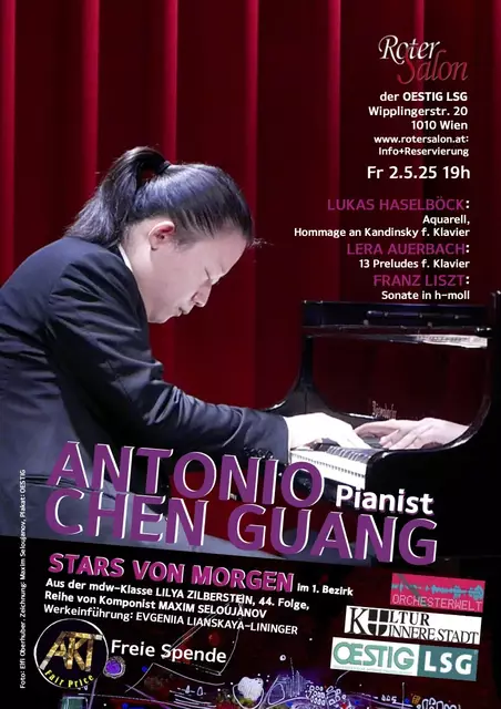 Vollendeter Pianist in allen Genres: Antonio Chen Guang.  | Foto: © Zeichnung: Maxim Seloujanov, Foto: Elfi Oberhuber, Plakat: OESTIG
