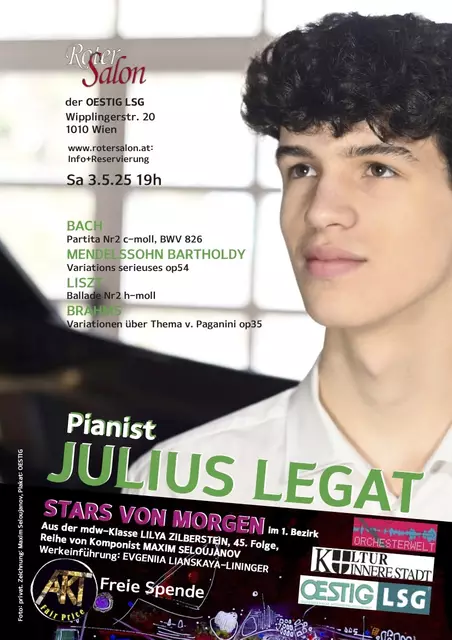 Energisch und prägnant: Pianist Julius Legat.  | Foto: © Zeichnung: Maxim Seloujanov, Foto: Legat, Plakat: OESTIG
